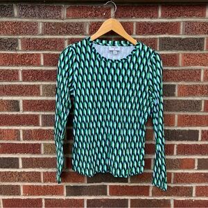 Diane Von Furstenberg Green Black and White Geometric Long Sleeve Top
